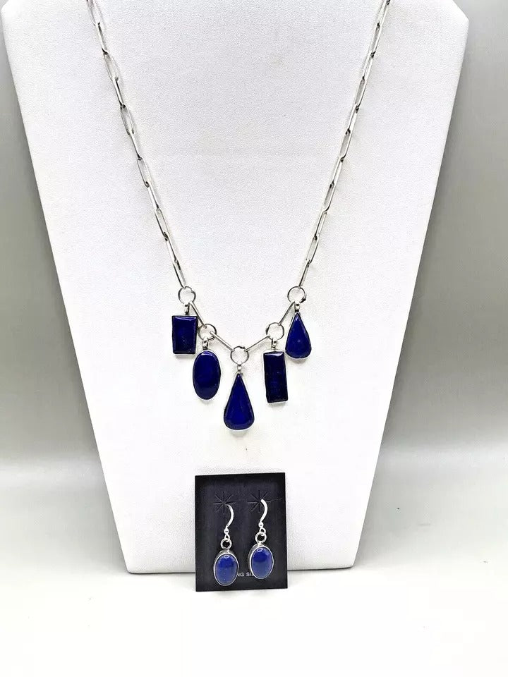 Lapis 5-Pendant Necklace Earring Set Handmade Chain 25" Navajo Native American