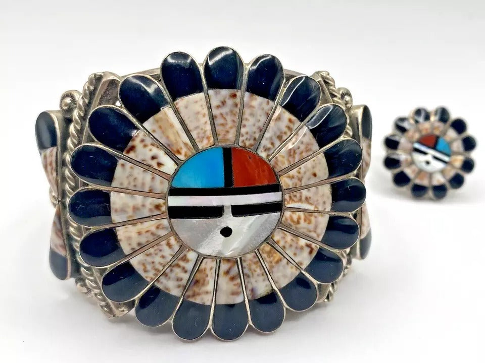 VTG Zuni Multi Stone Inlay Bracelet Ring Set Sunface Native American 1970s