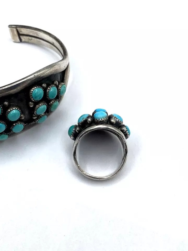 Vintage Zuni Sterling Silver Turquoise Dot Ring Bracelet Set SZ 7 C&L Mahooty