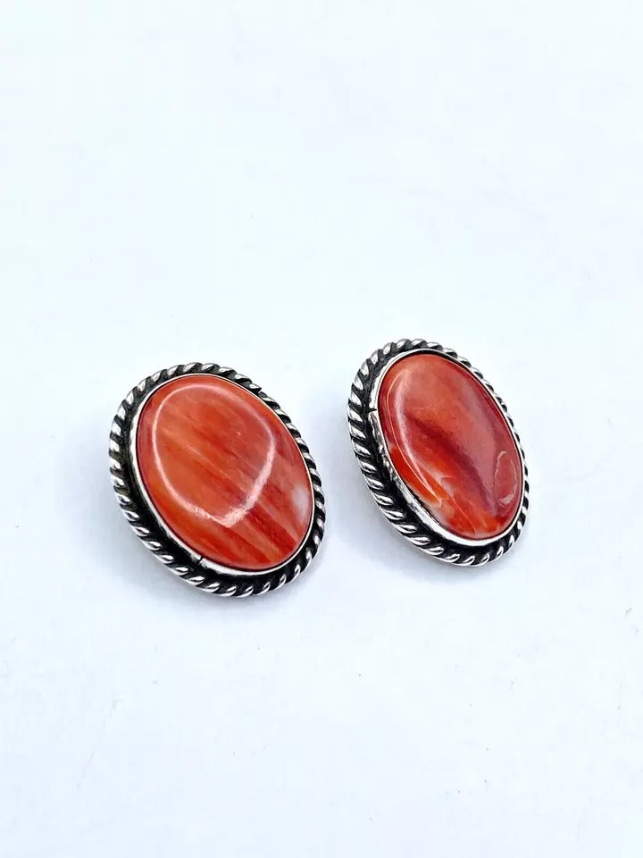 Vintage Spiny Oyster Shell Earrings Sterling Silver CLIP ON Native American