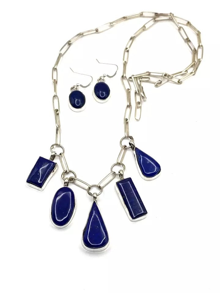 Lapis 5-Pendant Necklace Earring Set Handmade Chain 25" Navajo Native American