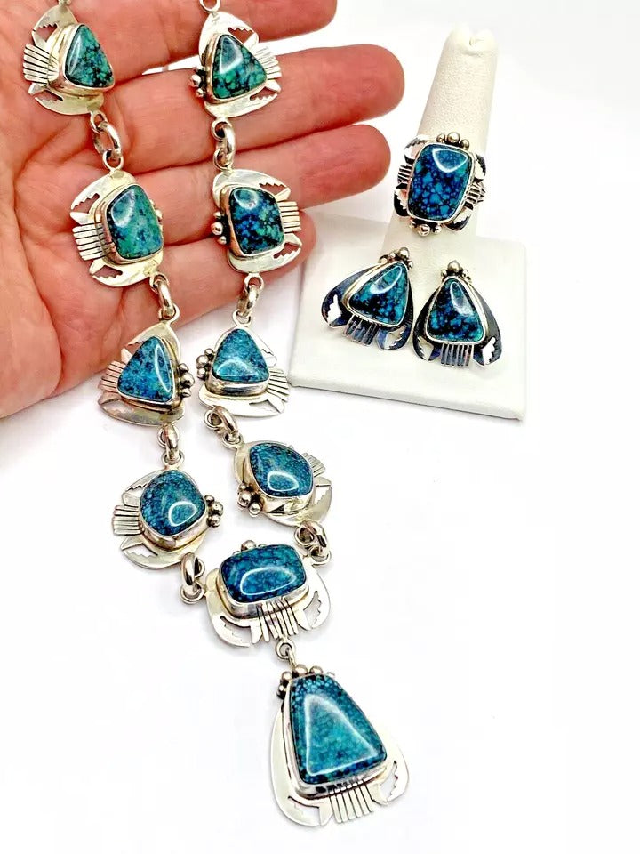 VTG Sterling Spiderweb Turquoise Necklace Ring Earring Set Navajo Lee Bennett